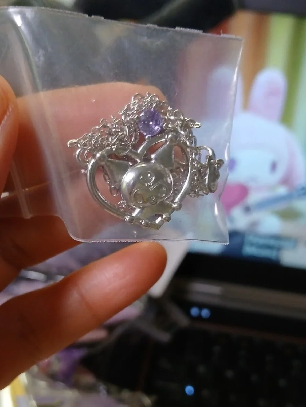 Silver-tone Purple Accent Kuromi Pendant Necklace
